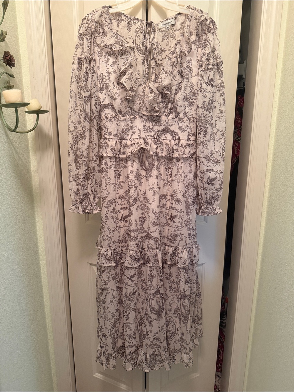 Francesca's Collections White and Lavender Floral Ruffle Maxi Dress